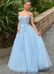 3D Floral Applique Off the Shoulder Corset Tulle Ball-Gown Maxi Dress