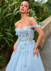 3D Floral Applique Off the Shoulder Corset Tulle Ball-Gown Maxi Dress