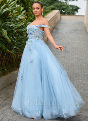3D Floral Applique Off the Shoulder Corset Tulle Ball-Gown Maxi Dress
