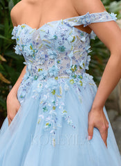 3D Floral Applique Off the Shoulder Corset Tulle Ball-Gown Maxi Dress