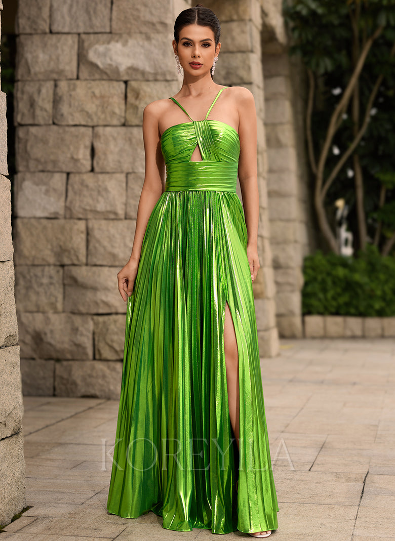 Metallic Pleated A-line Maxi Dress With Cutout Slit – KOREYILA