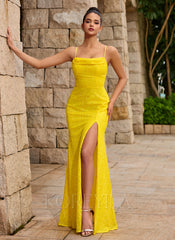 Glitter Lace Up Back Cowl Neck Corset Sequin Mermaid Maxi Dress With Slit