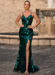 Sparkly Lace Up Back V-Neck Corset Sequin Mermaid Maxi Dress With Slit