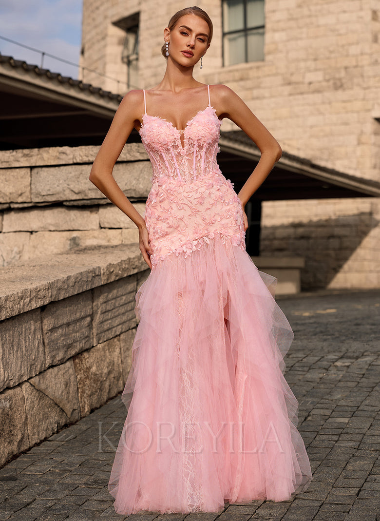 3D Floral V-Neck Corset Tiered Lace Tulle Sheath Maxi Dress With Beadi – KOREYILA