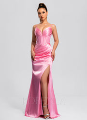Trumpet/Mermaid V-Neck Floor-Length Stretch Satin Maxi Dresses With Pleated