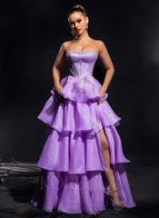 Ball-Gown/Princess Sweetheart Sweep Train Organza Maxi Dresses With Faux Feather Rhinestone Beading