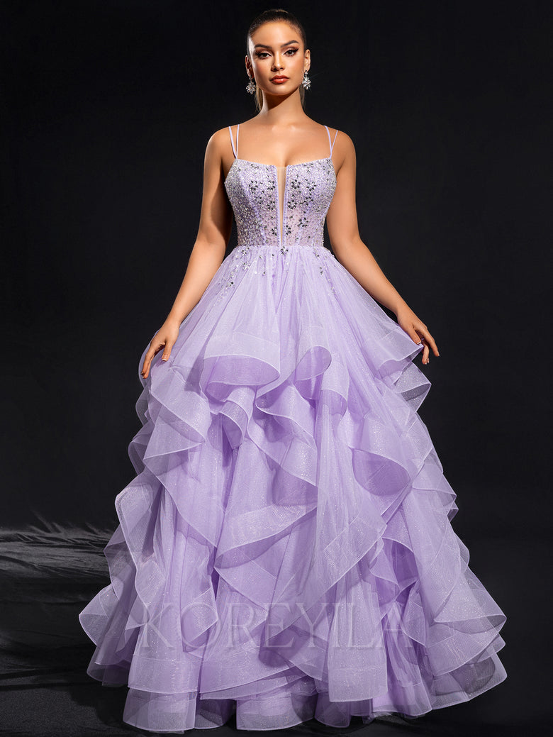 Ball-Gown/Princess Scoop Floor-Length Tulle Maxi Dresses With Rhinesto KOREYILA Ball-Gown/Princess Scoop Floor-Length Tulle Maxi Dresses With Rhinesto KOREYILA