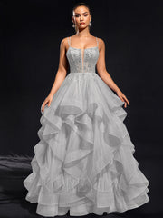 Ball-Gown/Princess Scoop Floor-Length Tulle Maxi Dresses With Rhinestone Beading