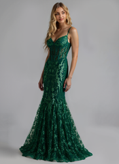 Spaghetti Straps V-Neck Corset Sequins Lace Trumpet/Mermaid Maxi Dress