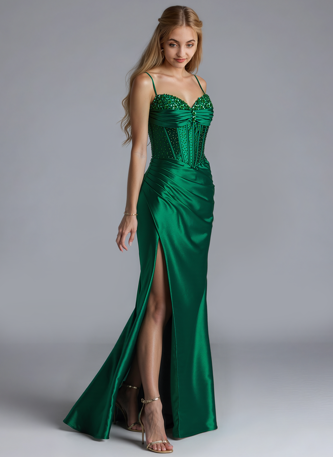 Trumpet/Mermaid V-Neck Sweep Train Silky Satin Prom Dresses With Rhinestone Sequins Beading