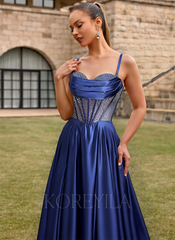 A-line Sweetheart Sweep Train Silky Satin Prom Dresses With Rhinestone