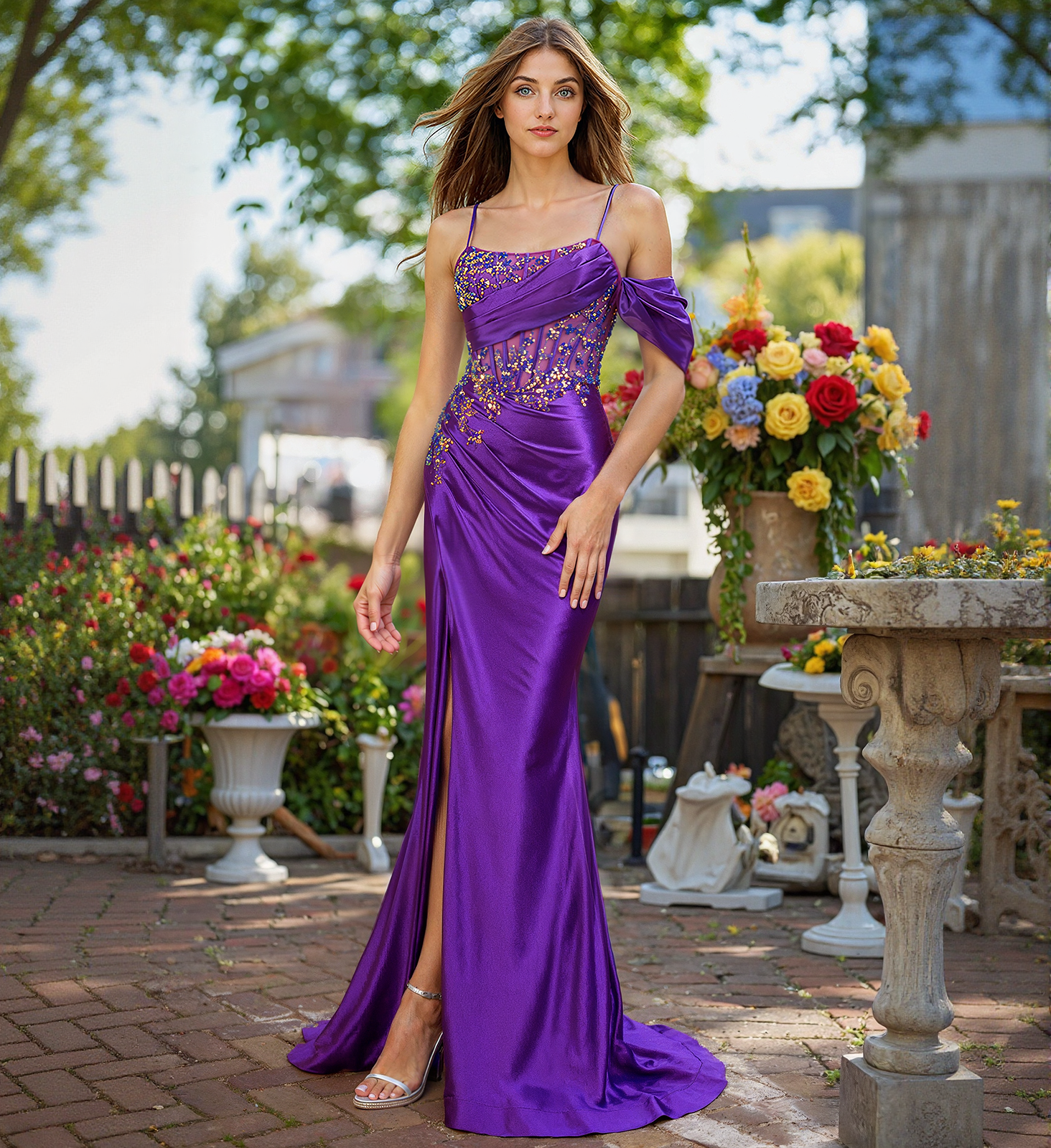 Spaghetti Straps Scoop Corset Sequins Jersey Trumpet/Mermaid Maxi Dress With Leg Slit
