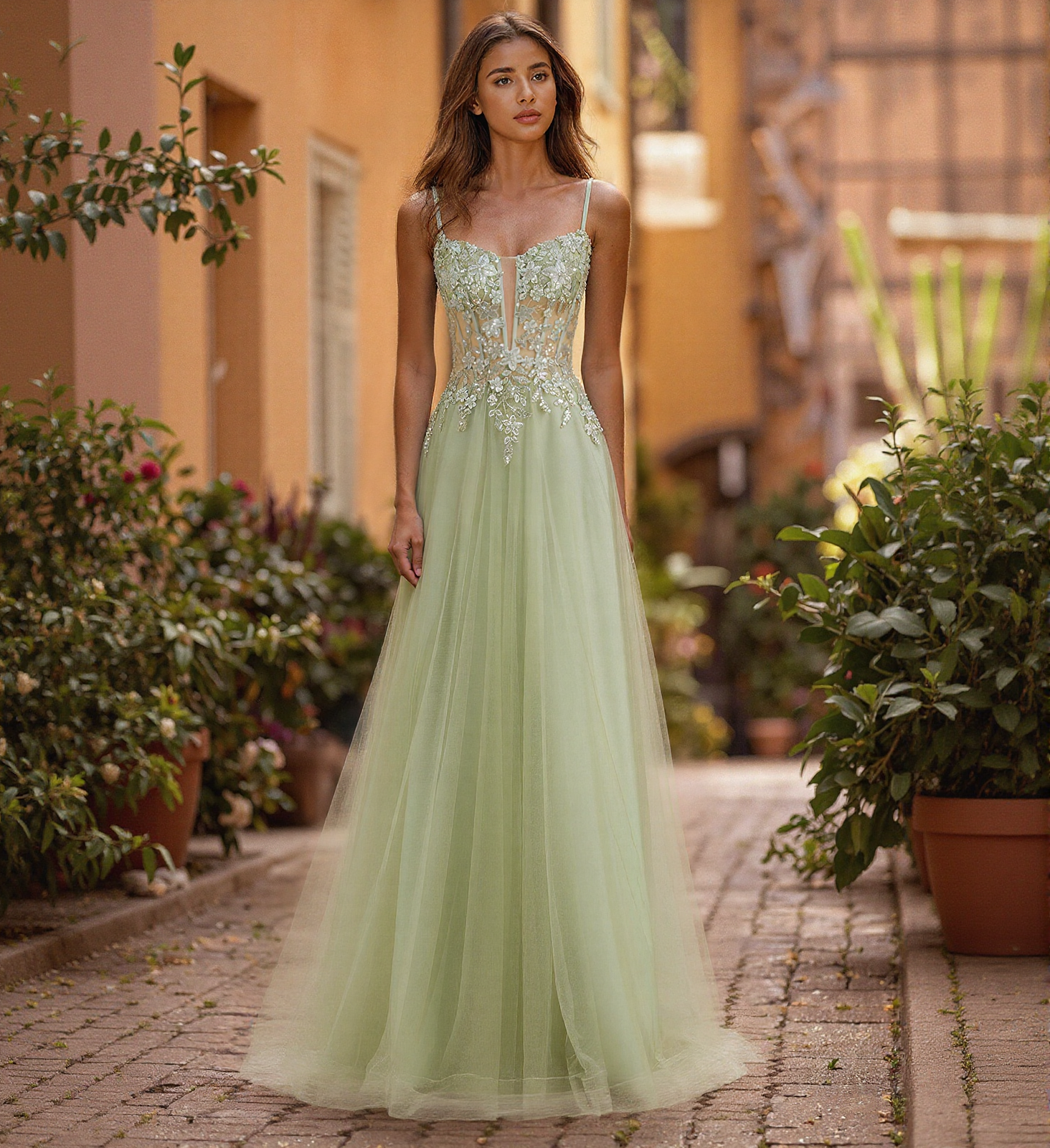 Spaghetti Straps V-Neck Embroidered Sequins Tulle A-line Maxi Dress