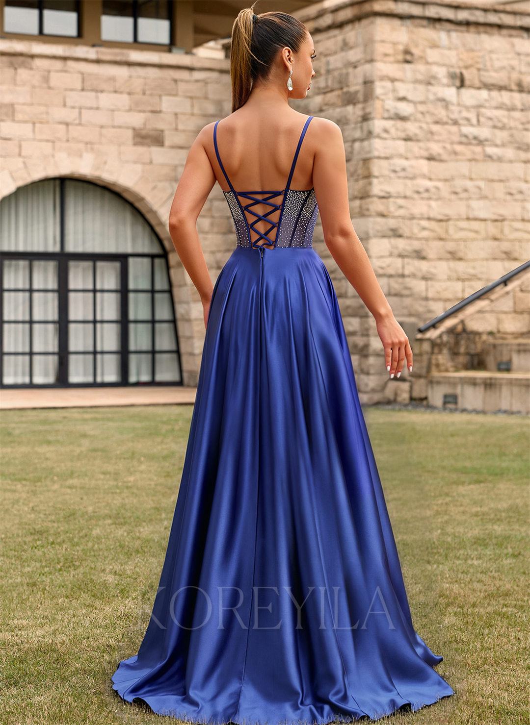 A-line Sweetheart Sweep Train Silky Satin Prom Dresses With Rhinestone