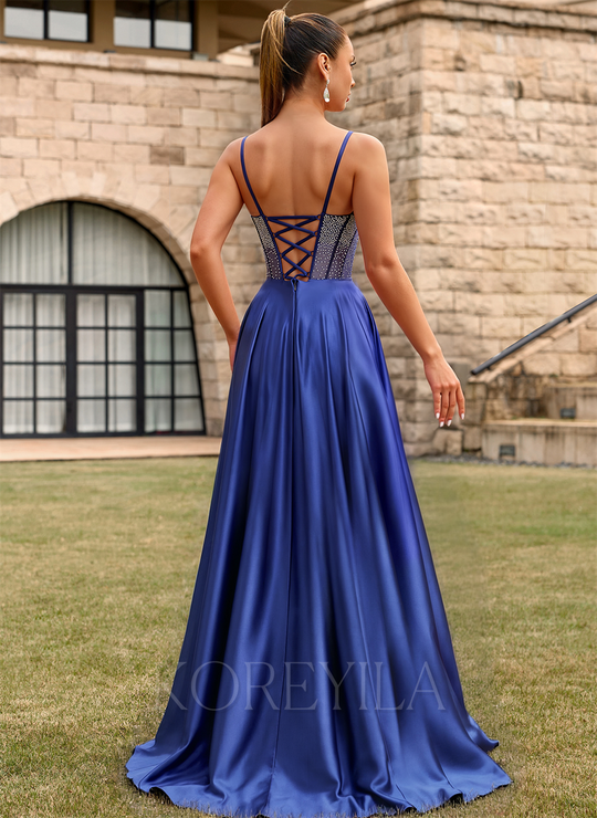 A-line Sweetheart Sweep Train Silky Satin Prom Dresses With Rhinestone