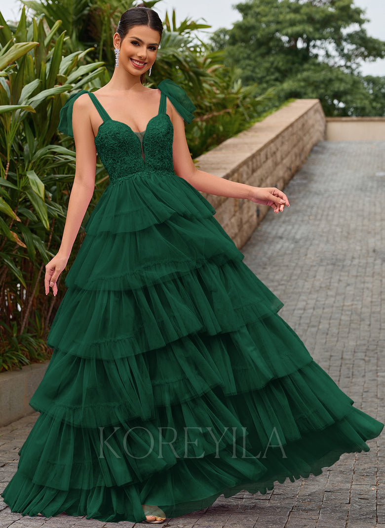 Bow Straps Sweetheart Ruffled Tiered Tulle Ball-Gown Maxi Dress With L –  KOREYILA