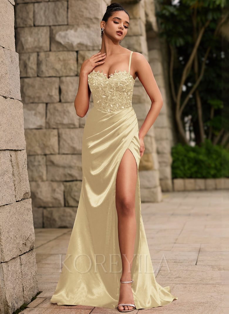 Lace Up Back Sweetheart Leaf Corset Ruched Satin Mermaid Maxi Dress Wi –  KOREYILA