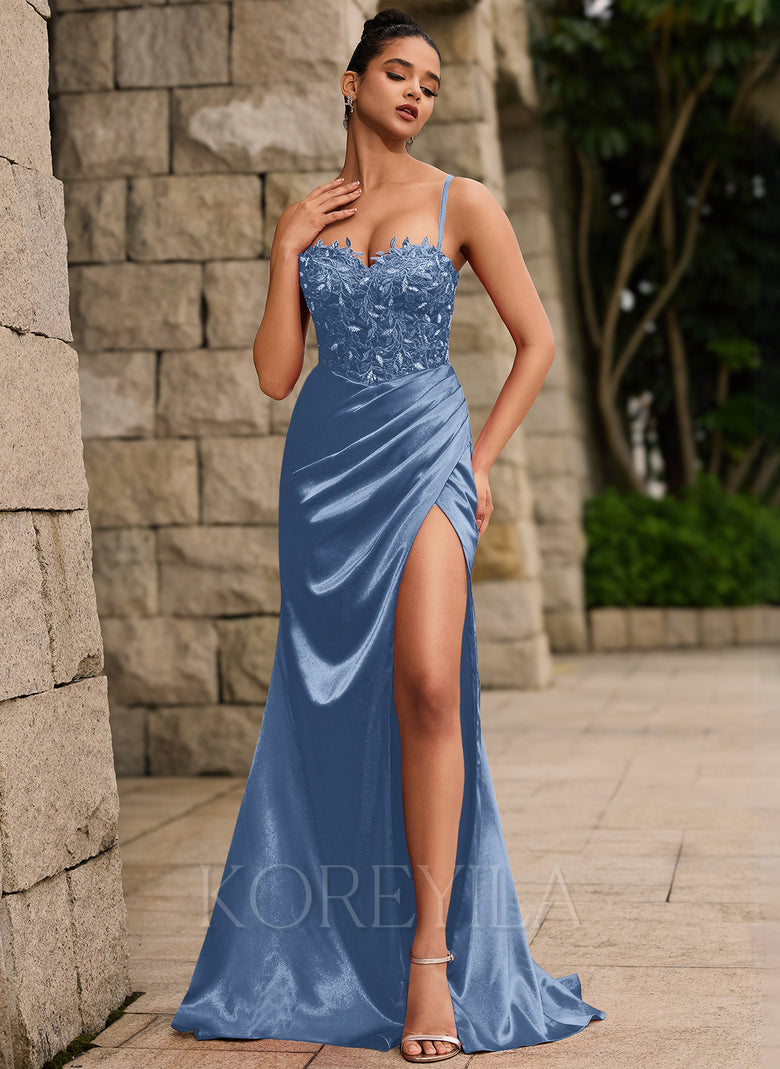 Lace Up Back Sweetheart Leaf Corset Ruched Satin Mermaid Maxi Dress Wi –  KOREYILA