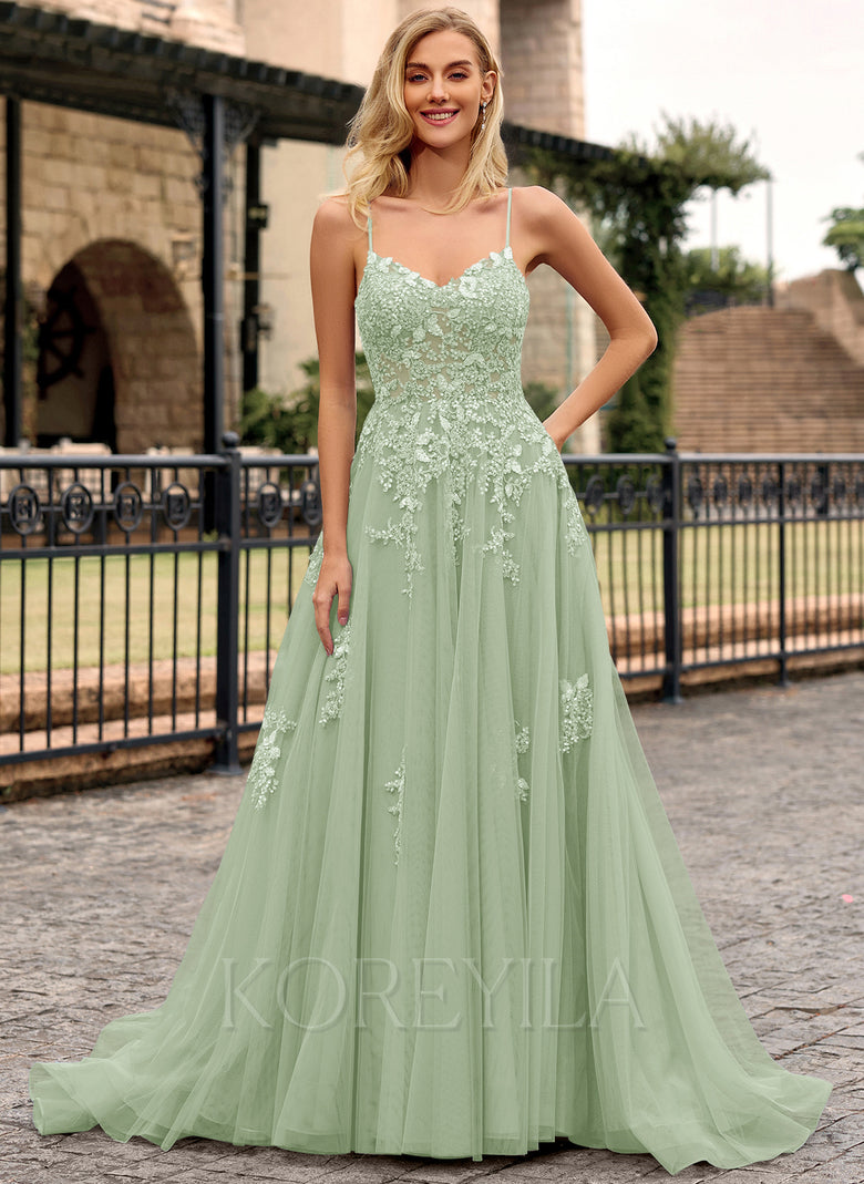Floral Applique V-Neck Tulle A-line Maxi Dress With Sequins KOREYILA Floral Applique V-Neck Tulle A-line Maxi Dress With Sequins KOREYILA