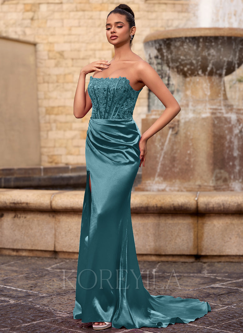 Strapless Lace Corset Ruched Satin Mermaid Maxi Dress With Slit – KOREYILA