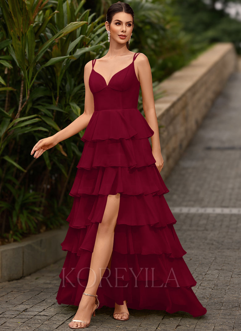 V-Neck Ruffled Tiered Chiffon Ball-Gown Maxi Dress With Slit – KOREYILA