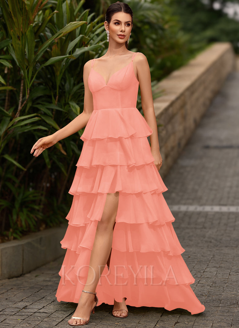 V-Neck Ruffled Tiered Chiffon Ball-Gown Maxi Dress With Slit KOREYILA V-Neck Ruffled Tiered Chiffon Ball-Gown Maxi Dress With Slit KOREYILA