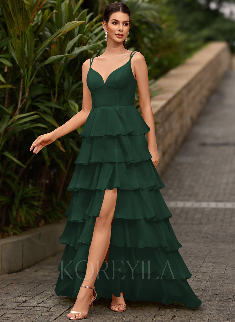V-Neck Ruffled Tiered Chiffon Ball-Gown Maxi Dress With Slit – KOREYILA