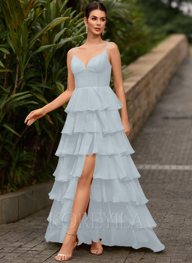 white christmas dresses Halter Ice Blue Chiffon Long Bridesmaid Dress – FancyVestido main image 1