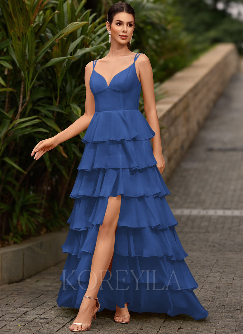 V-Neck Ruffled Tiered Chiffon Ball-Gown Maxi Dress With Slit – KOREYILA