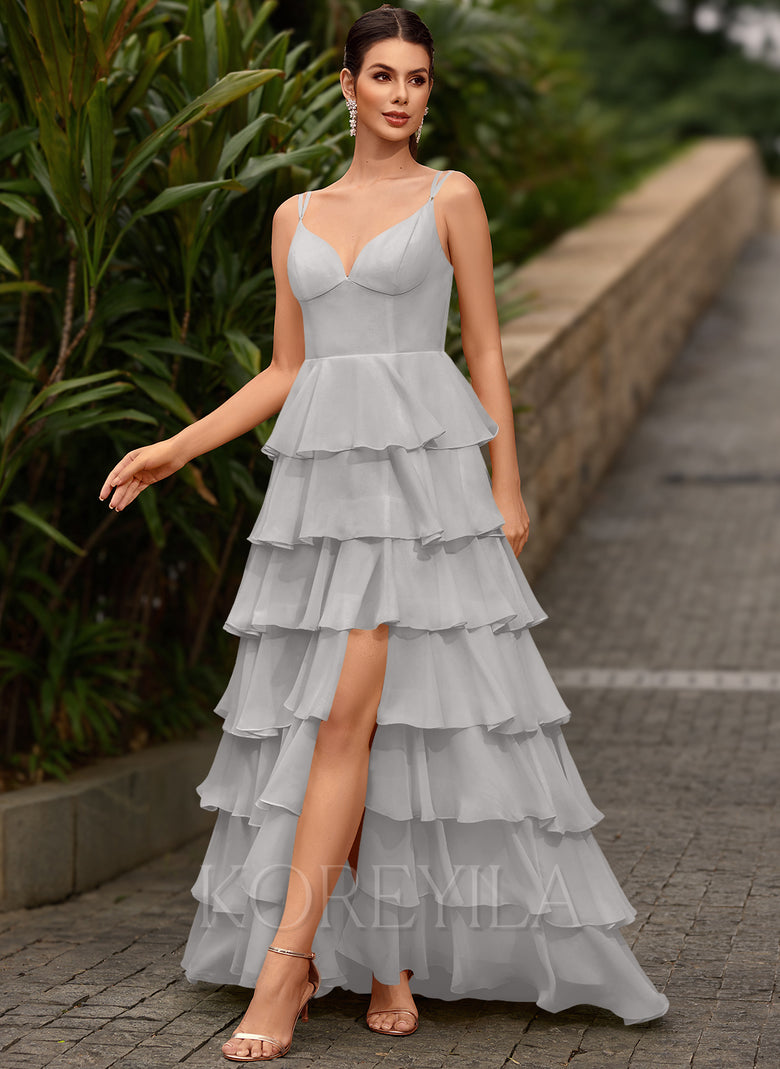 chiffon deep v neckline ruffle slit maxi dress Dark Navy Long V-Neck Ruffle Chiffon Bridesmaid Dress with Split