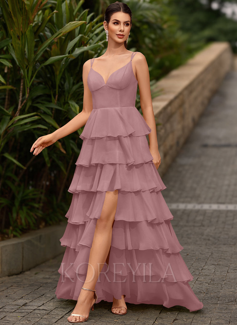 V-Neck Ruffled Tiered Chiffon Ball-Gown Maxi Dress With Slit KOREYILA V-Neck Ruffled Tiered Chiffon Ball-Gown Maxi Dress With Slit KOREYILA