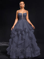 Ball-Gown/Princess Scoop Floor-Length Tulle Maxi Dresses With Rhinestone Beading