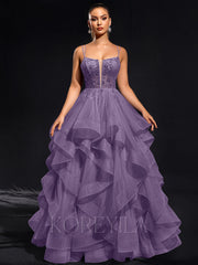 Ball-Gown/Princess Scoop Floor-Length Tulle Maxi Dresses With Rhinestone Beading