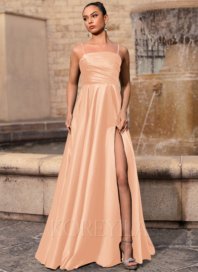 straight neck satin dress Straight Neck Ruched Satin A-line Maxi Dress With Pockets Slit KOREYILA