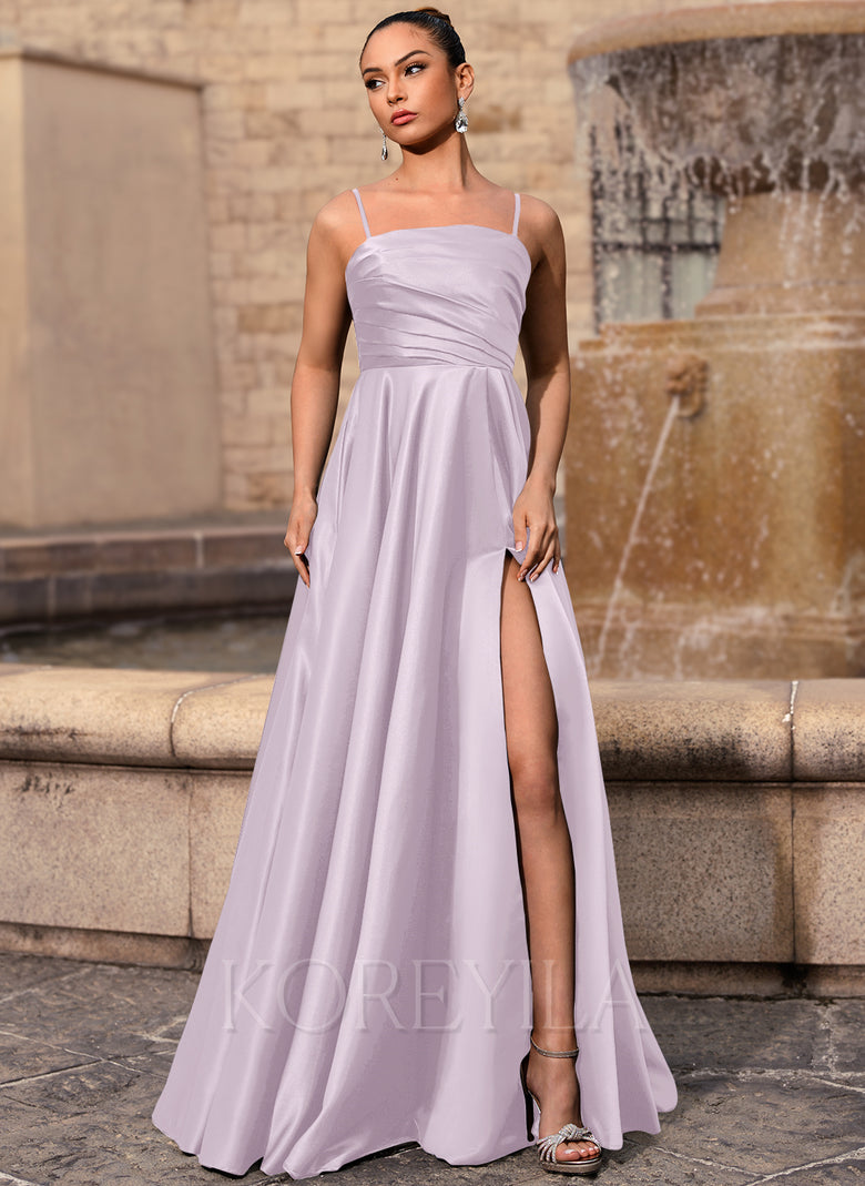 Straight Neck Ruched Satin A-line Maxi Dress With Pockets Slit – KOREYILA