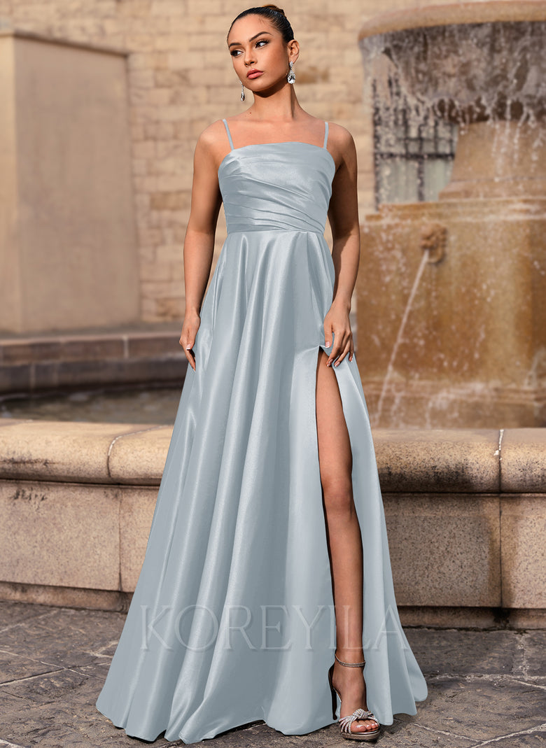 fitted lace wedding dress Straight Neck Ruched Satin A-line Maxi Dress With Pockets Slit – KOREYILA