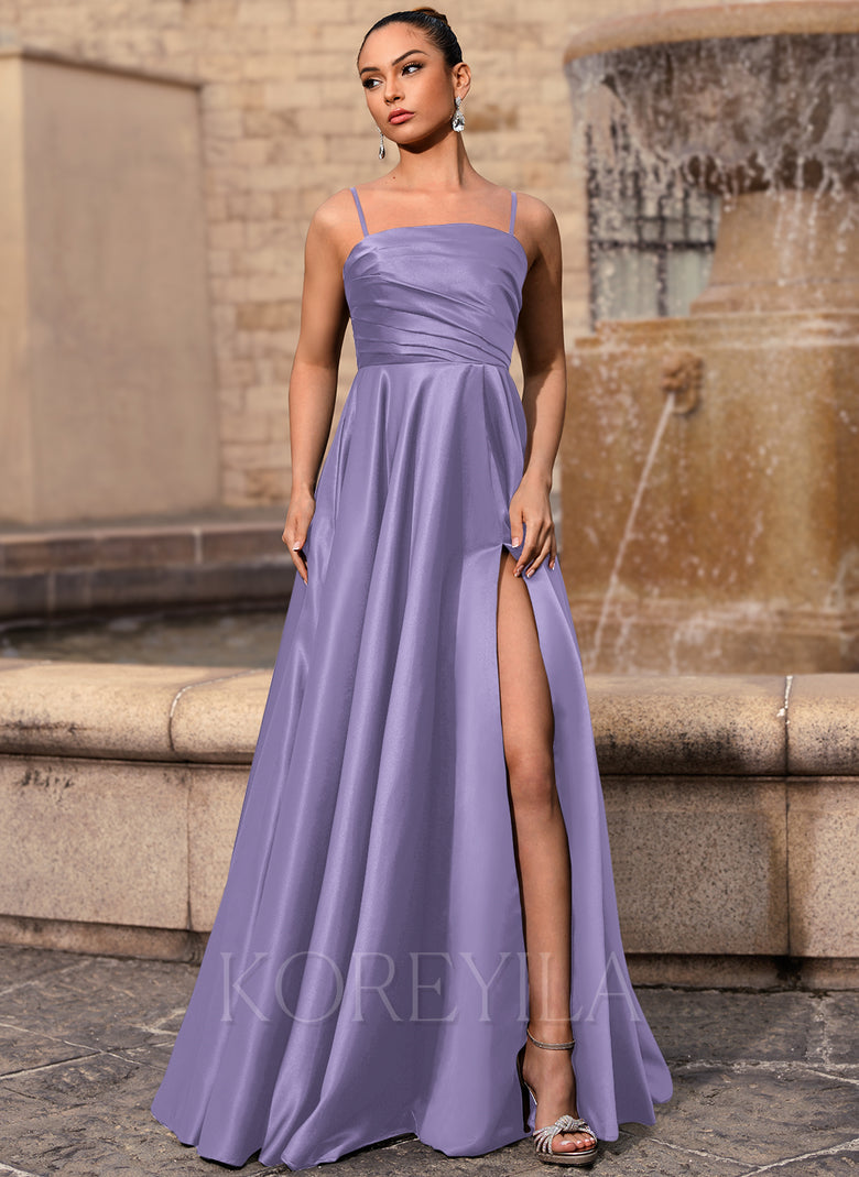 strapless open back dress Straight Neck Ruched Satin A-line Maxi Dress With Pockets Slit – KOREYILA