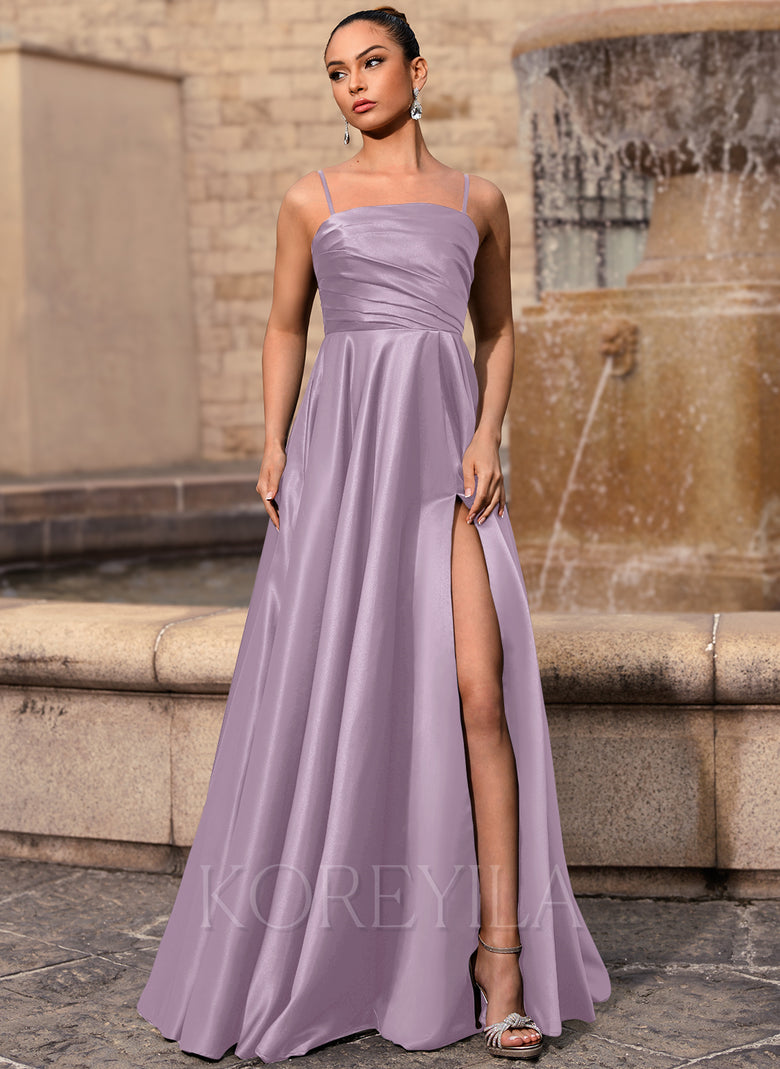 Straight Neck Ruched Satin A-line Maxi Dress With Pockets Slit  KOREYILA