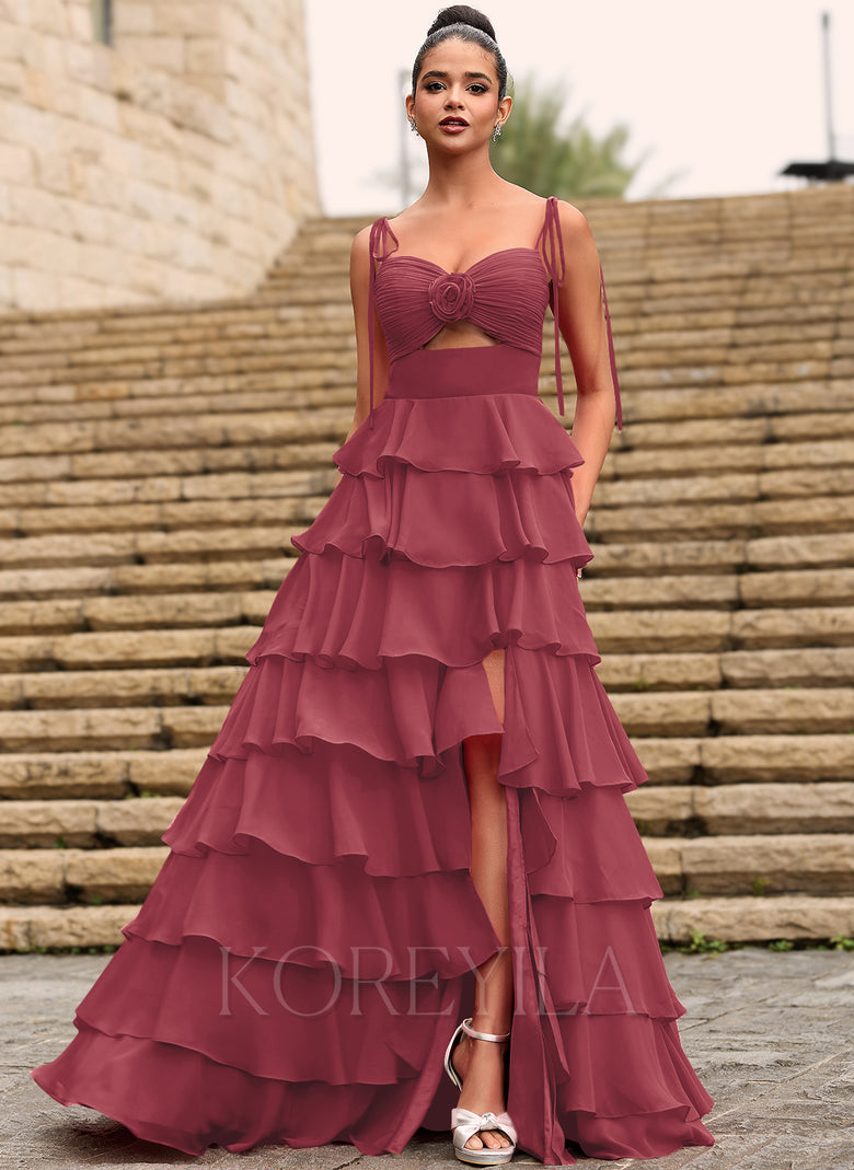Rosette Sweetheart Ruffled Tiered Chiffon Maxi Dress With Cutout Slit KOREYILA Rosette Sweetheart Ruffled Tiered Chiffon Maxi Dress With Cutout Slit KOREYILA