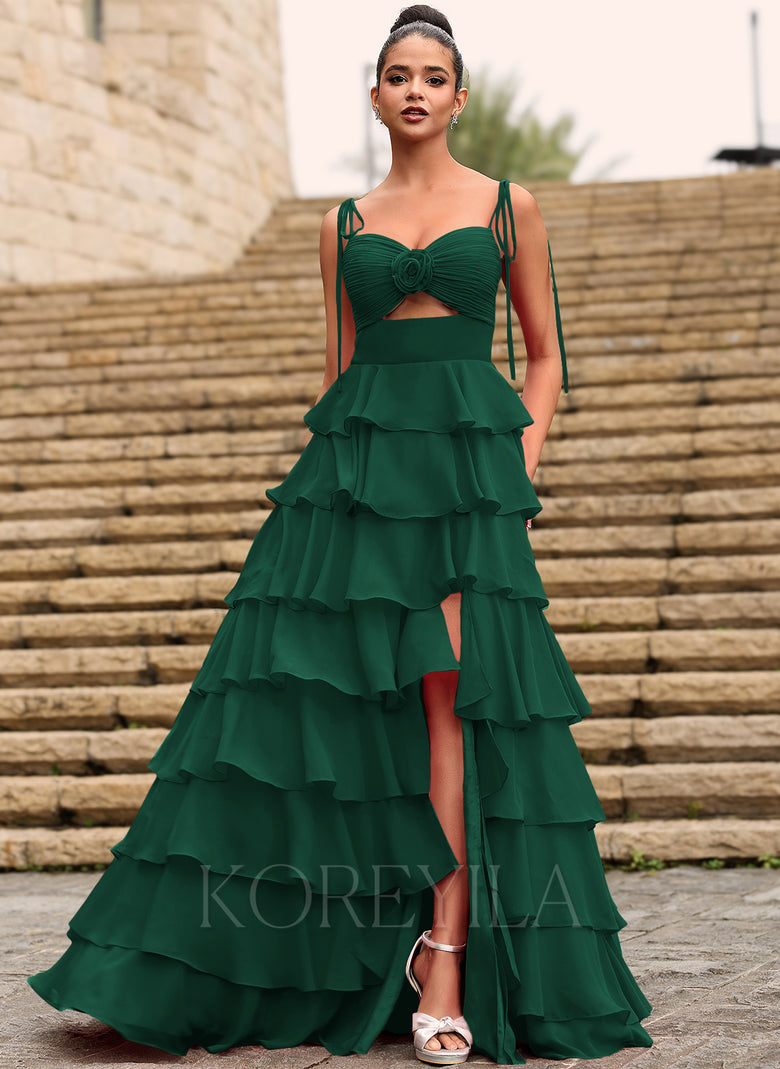Rosette Sweetheart Ruffled Tiered Chiffon Maxi Dress With Cutout Slit KOREYILA Rosette Sweetheart Ruffled Tiered Chiffon Maxi Dress With Cutout Slit KOREYILA