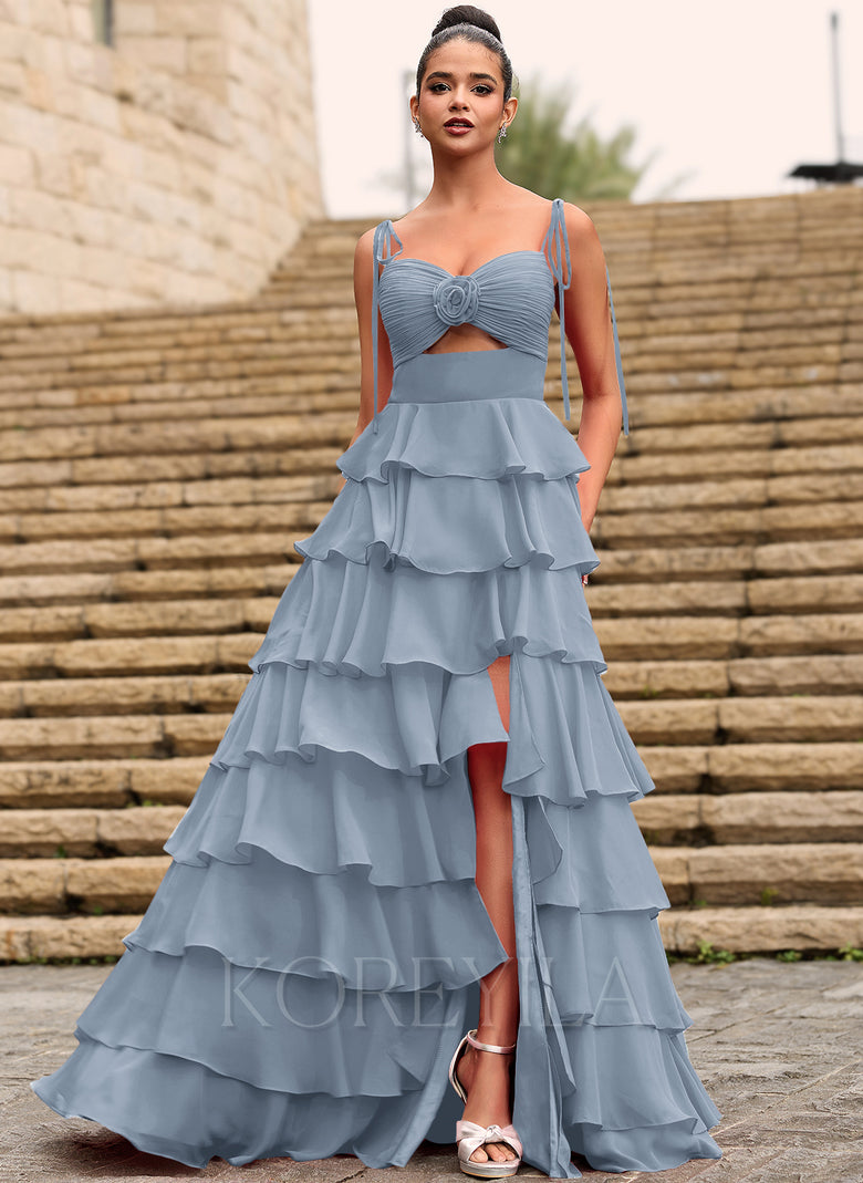 Rosette Sweetheart Ruffled Tiered Chiffon Maxi Dress With Cutout Slit   KOREYILA
