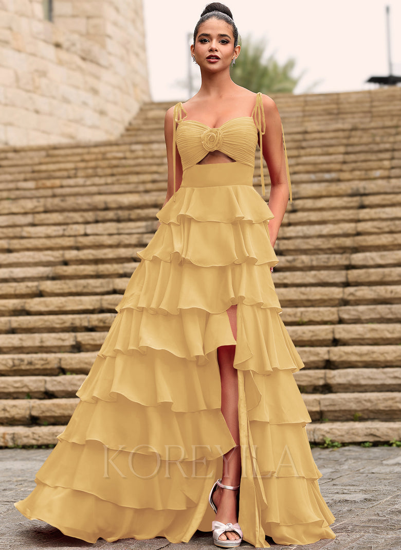 Rosette Sweetheart Ruffled Tiered Chiffon Maxi Dress With Cutout Slit KOREYILA Rosette Sweetheart Ruffled Tiered Chiffon Maxi Dress With Cutout Slit KOREYILA
