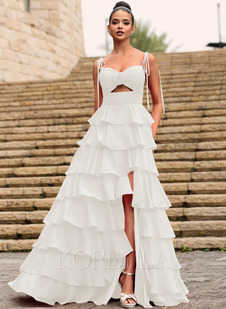 chiffon cutout ruffle maxi dress Rosette Sweetheart Ruffled Tiered Chiffon Maxi Dress With Cutout Slit Gownelle