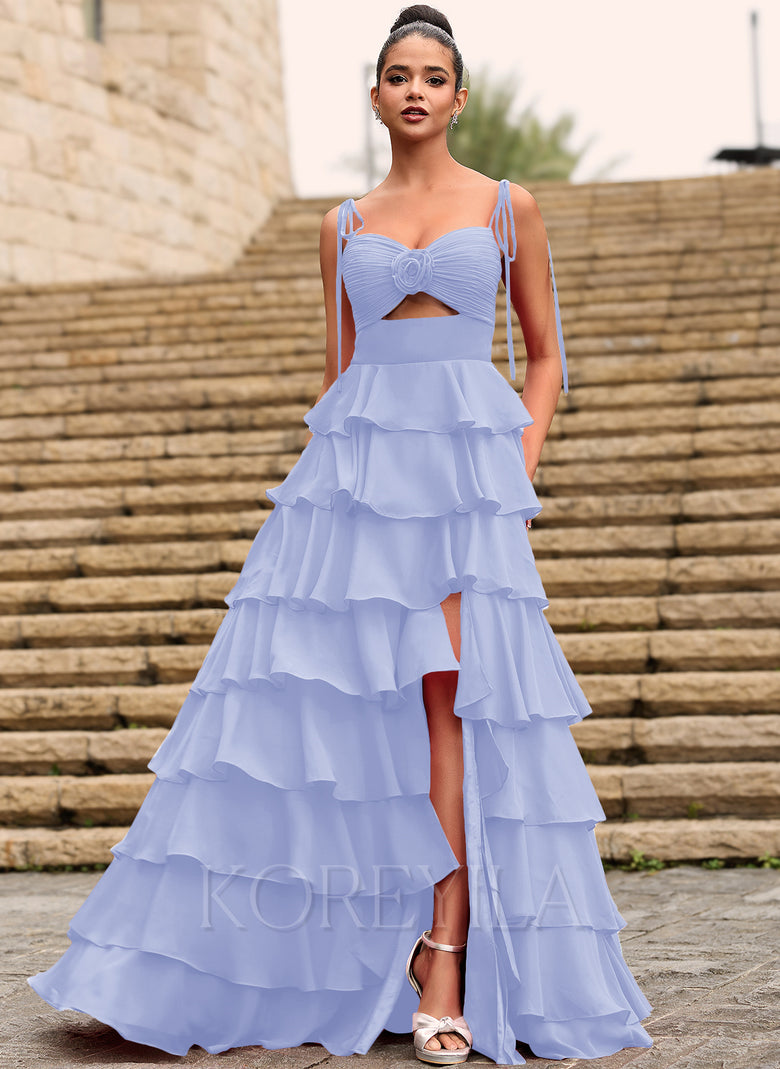 Rosette Sweetheart Ruffled Tiered Chiffon Maxi Dress With Cutout Slit KOREYILA Rosette Sweetheart Ruffled Tiered Chiffon Maxi Dress With Cutout Slit KOREYILA