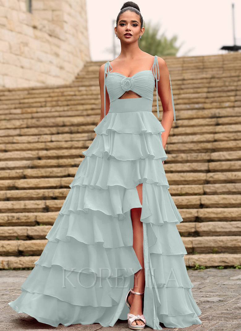 Rosette Sweetheart Ruffled Tiered Chiffon Maxi Dress With Cutout Slit –  KOREYILA