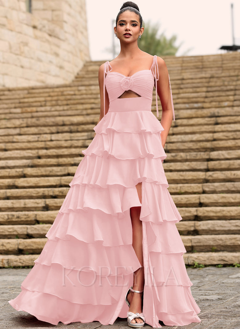 Rosette Sweetheart Ruffled Tiered Chiffon Maxi Dress With Cutout Slit – KOREYILA