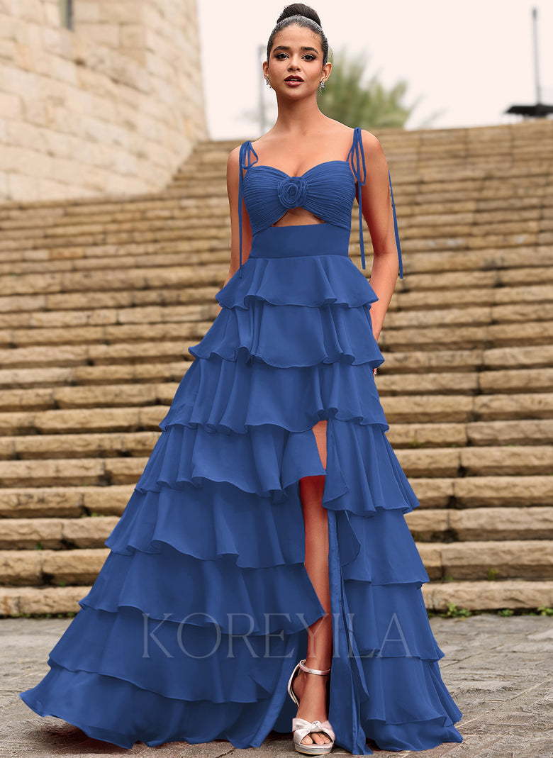 Rosette Sweetheart Ruffled Tiered Chiffon Maxi Dress With Cutout Slit –  KOREYILA