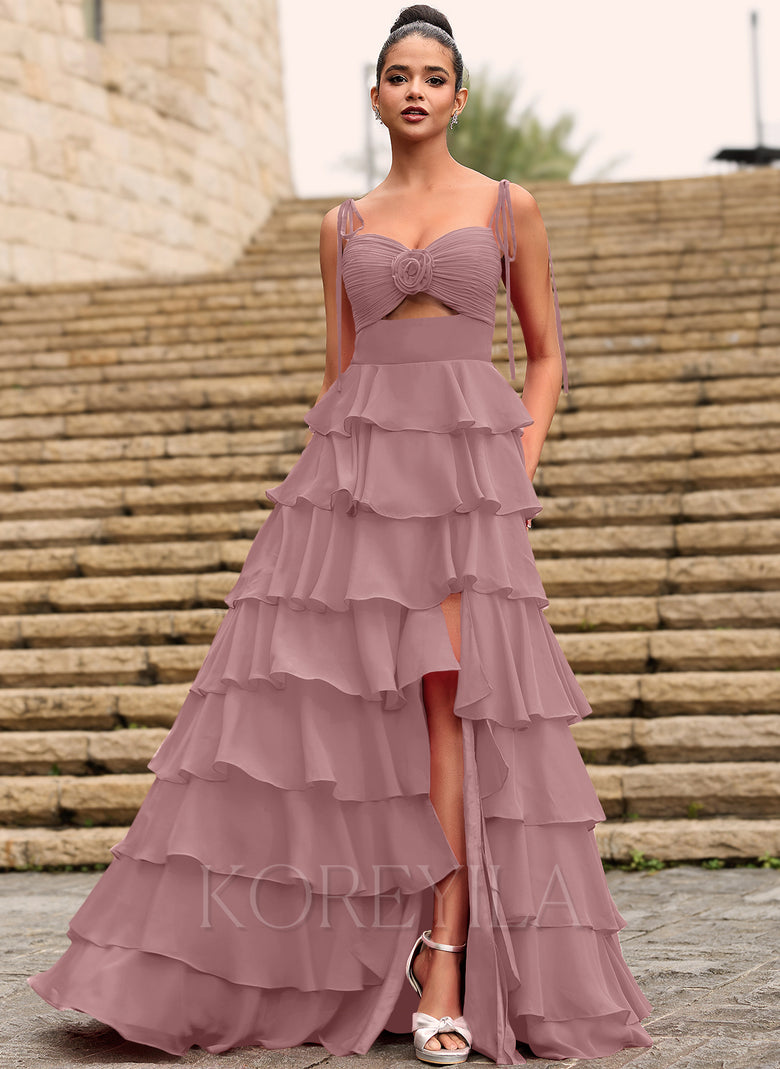 Rosette Sweetheart Ruffled Tiered Chiffon Maxi Dress With Cutout Slit –  KOREYILA