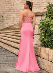 Lace Up Back Sweetheart Embellished Corset Ruched Satin Mermaid Maxi Dress With Slit