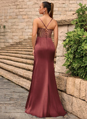 Lace Up Back Sweetheart Embellished Corset Ruched Satin Mermaid Maxi Dress With Slit